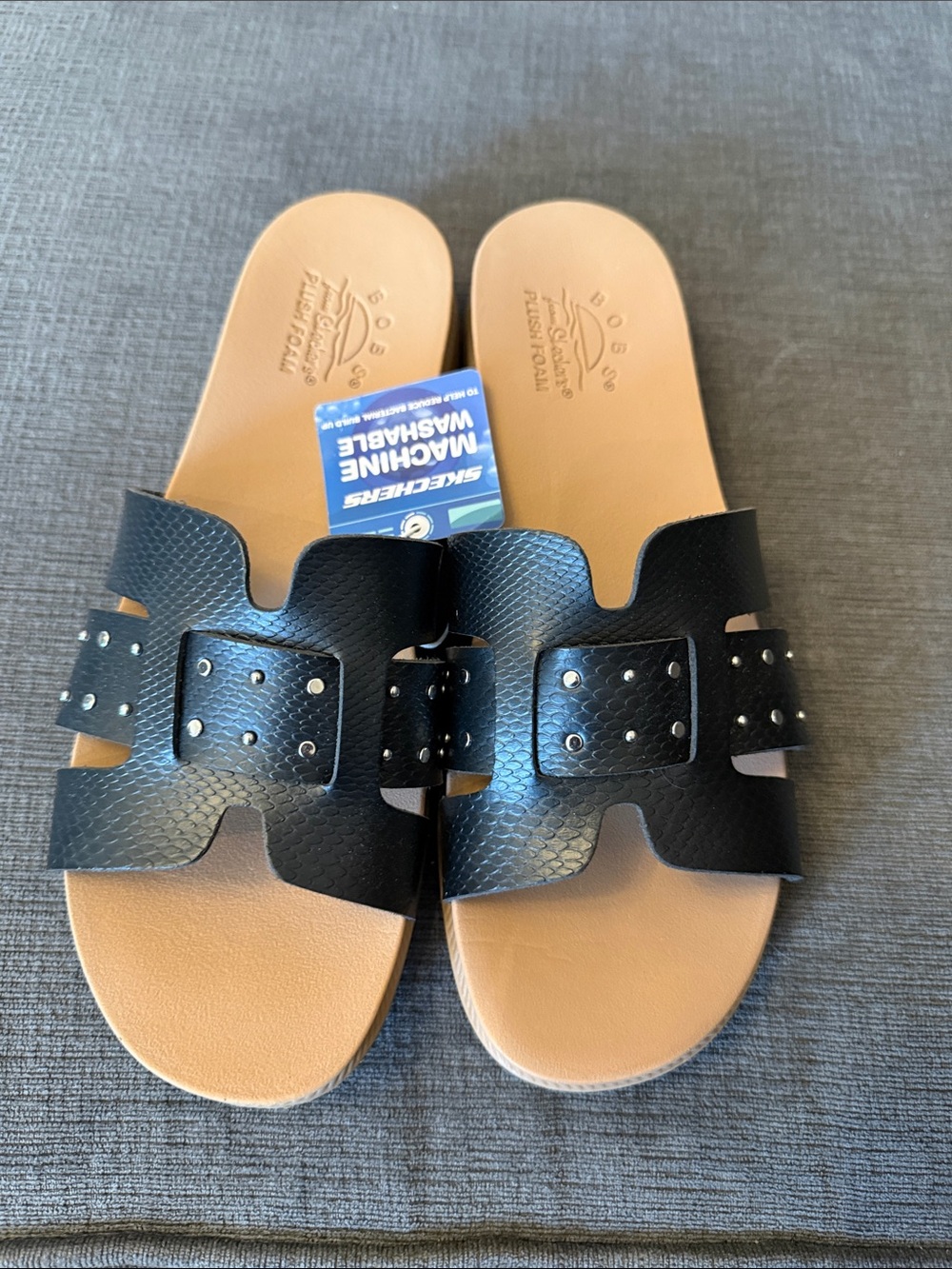 Skechers Black Studded Slide Sandals with Tan Footbed